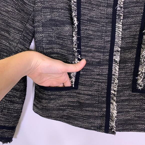 Vince Tweed Jacket 00 Zip Fringe Heather Black Gray Leather Trim V2876-90769 - Picture 6 of 7